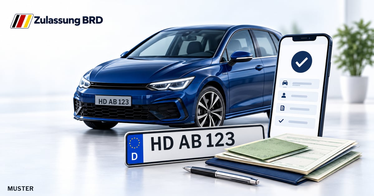 Online Fahrzeugzulassung in Nußloch: Musterkennzeichen HD AB 123, Auto und Fahrzeugpapiere und Smartphone. Illustration mit Logo von Zulassung BRD.
